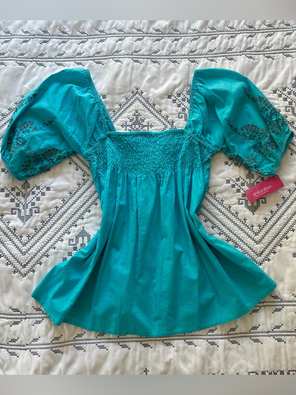 Y2K Fairycore Teal Smocked Square-Neck Top With Floral Embroidered Sleeves